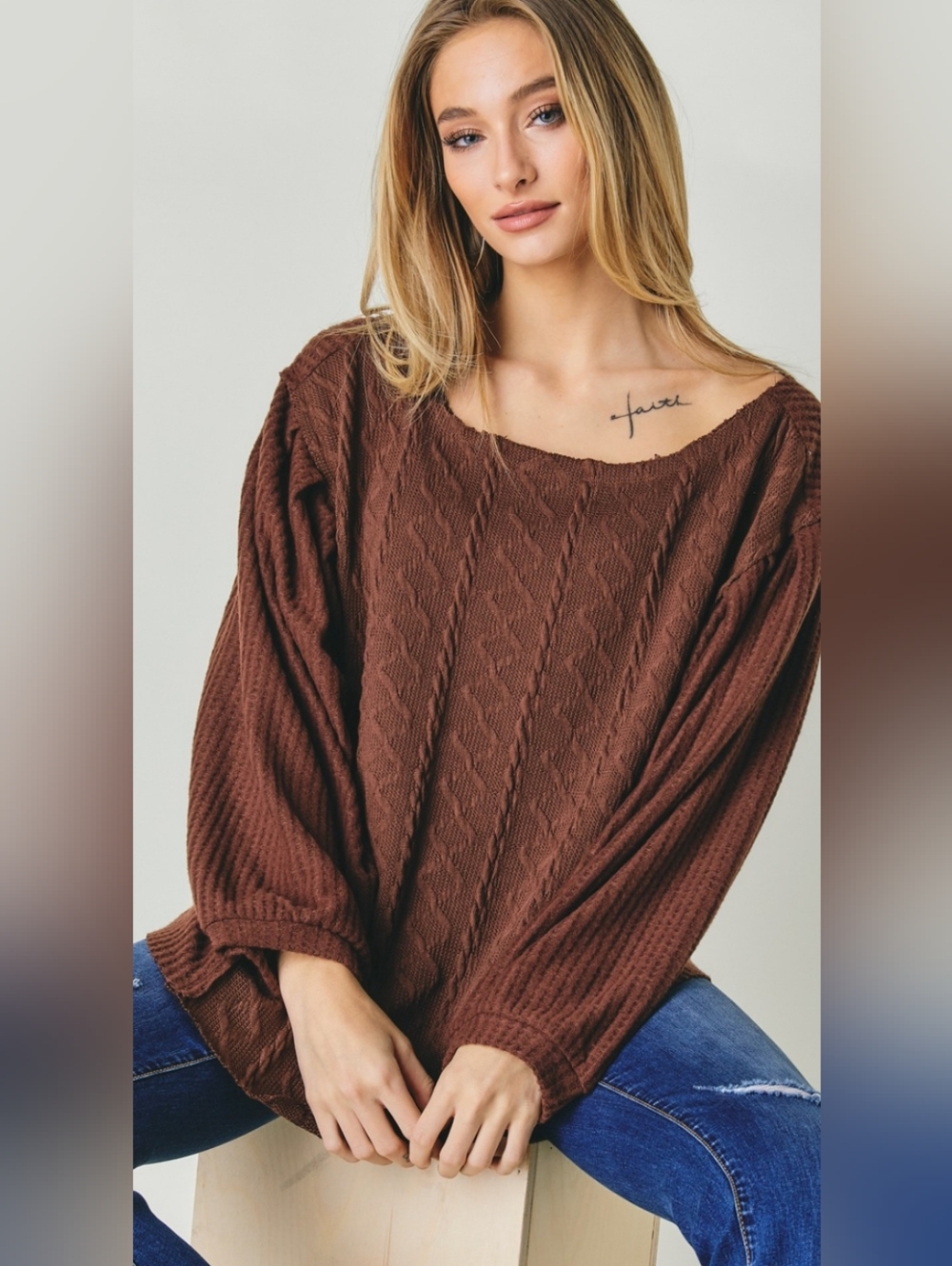 Davi & Dani Women’s Large Brown Textured Knit Top Balloon Sleeve Boho Pullover - Picture 2 of 6